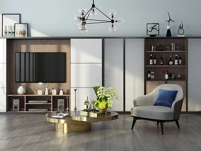 Modern Living Room TV Stand With Wooden And White Panels Featuring Decor Shelves And Wine Bottles 3d model