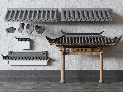 Traditional Chinese Architectural Components Featuring Roof Tiles Eaves And Wooden Pillars 3d model