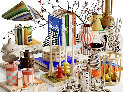 Vibrant Decorative Ornament Set With Vases Candles Books And Ceramic Decorations 3d model