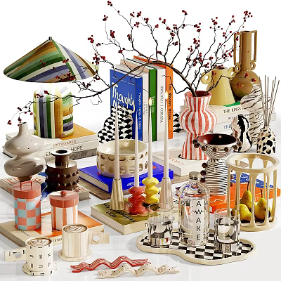 Vibrant Decorative Ornament Set With Vases Candles Books And Ceramic Decorations 3d model