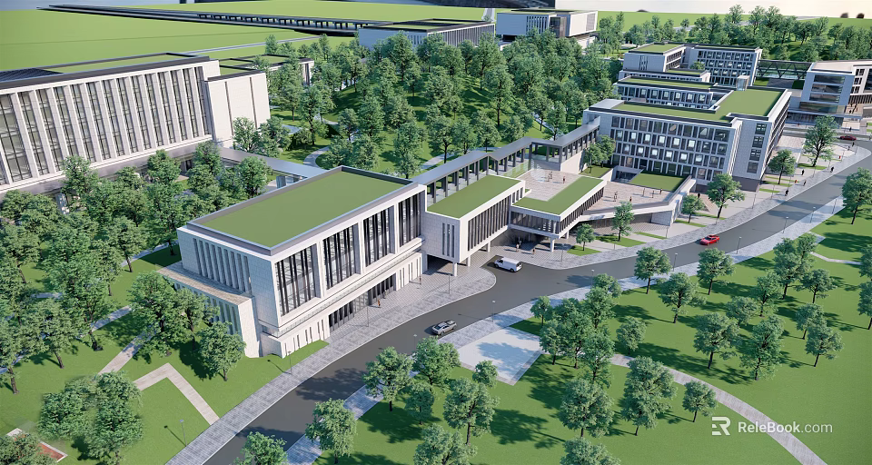 Modern School Building Exterior On Green Campus With Open Courtyard And Lush Trees 3d model 