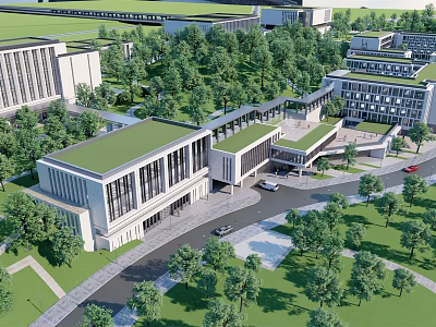 Modern School Building Exterior On Green Campus With Open Courtyard And Lush Trees 3d model