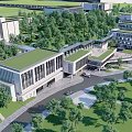 Modern School Building Exterior On Green Campus With Open Courtyard And Lush Trees