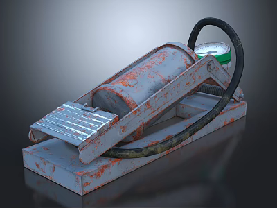 Old Rusty Foot Pump with Metal Pedal Pressure Gauge and Hose 3d model
