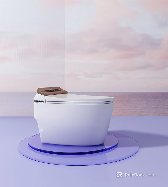 White Modern Toilet with Ocean View Sky Background on Blue Circular Platform 3d model 