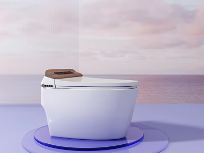 White Modern Toilet with Ocean View Sky Background on Blue Circular Platform 3d model