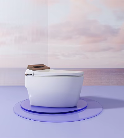 White Modern Toilet with Ocean View Sky Background on Blue Circular Platform 3d model