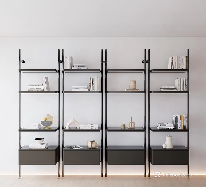 Modern Bookcase Design With Black Frame Multi Layer Shelves Books And Decor Items 3d model