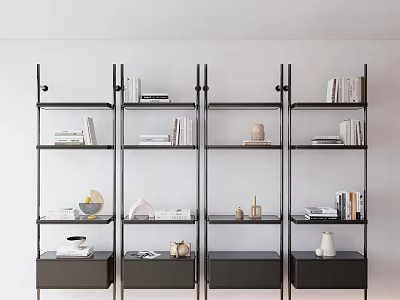 Modern Bookcase Design With Black Frame Multi Layer Shelves Books And Decor Items 3d model
