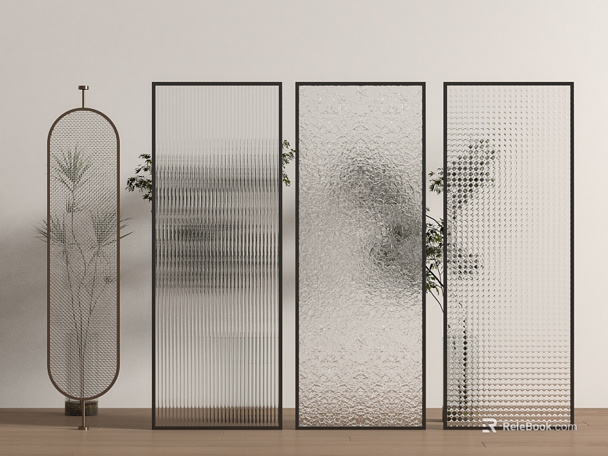 Modern Glass Room Dividers with Black Frames Various Textures and Decorative Plants 3d model 
