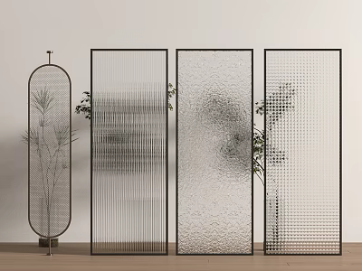 Modern Glass Room Dividers with Black Frames Various Textures and Decorative Plants 3d model