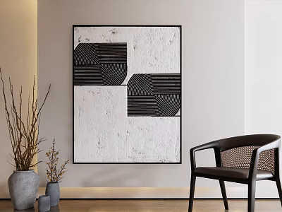 Abstract Black Geometric Wall Art In Modern Interior With Chair And Vase 3d model