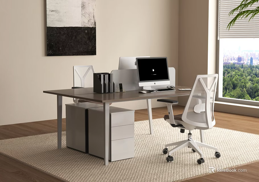 Modern Office Desk With White Chair Mac Computer Gray Cabinet Wall Art And Window View 3d model 