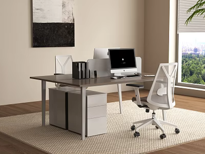 Modern Office Desk With White Chair Mac Computer Gray Cabinet Wall Art And Window View 3d model