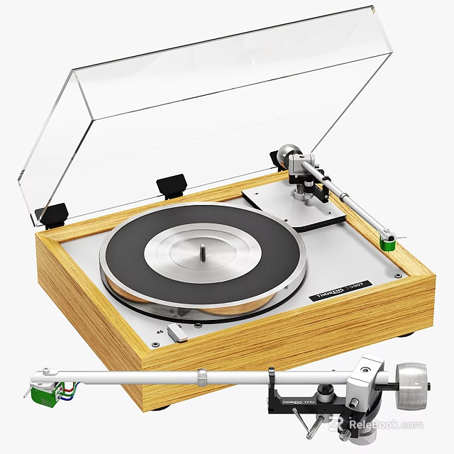 Vintage Vinyl Turntable With Wooden Base Clear Dust Cover And Silver Platter 3d model 