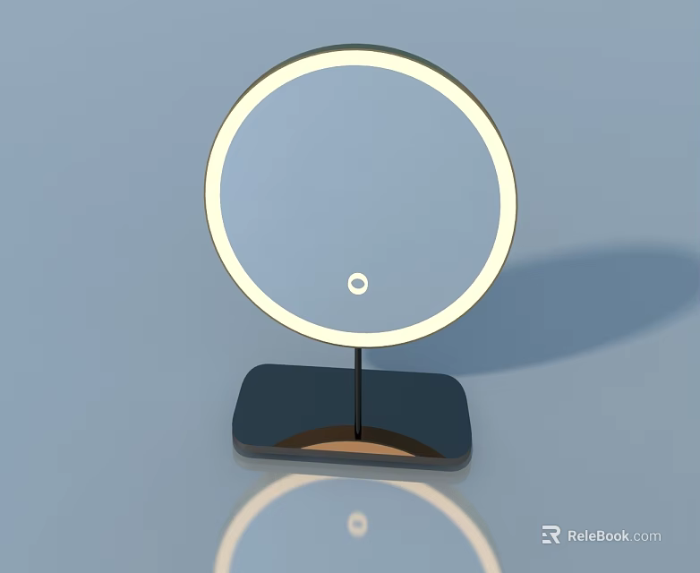 Round Lighted Mirror With Black Base And Metal Stand On Light Blue Background 3d model 
