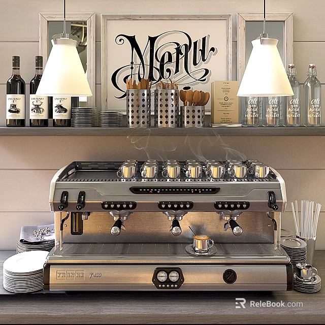 Stainless Steel Espresso Machine With Steam Cups And Bottles In Kitchen Shelf Setting 3d model 
