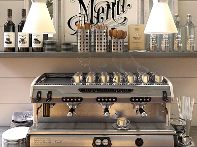 Stainless Steel Espresso Machine With Steam Cups And Bottles In Kitchen Shelf Setting 3d model