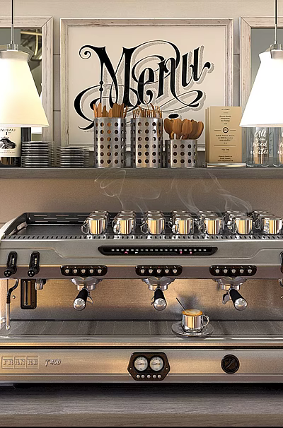 Stainless Steel Espresso Machine With Steam Cups And Bottles In Kitchen Shelf Setting 3d model
