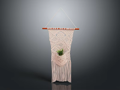 Handmade Macramé Hanging Decor with Geometric Pattern Small Potted Plant and Tassels on Wooden Rod 3d model