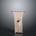 Handmade Macramé Hanging Decor with Geometric Pattern Small Potted Plant and Tassels on Wooden Rod
