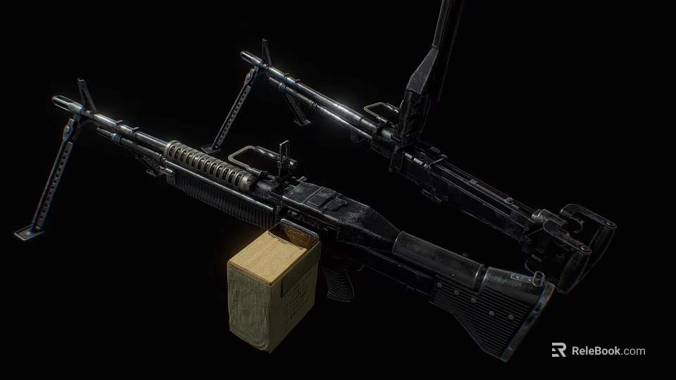 Two Black Military Rifles With Wooden Box And Shiny Metal Components 3d model 