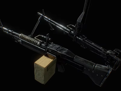 Two Black Military Rifles With Wooden Box And Shiny Metal Components 3d model