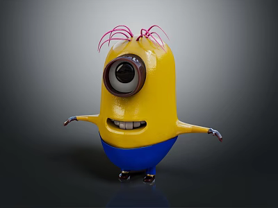 Game And Movie Character With Yellow Body Large Eye Pink Hair Blue Pants Smiling Expression 3d model