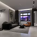 Modern Living And Dining Room With Black Sofa Orange Armchair Large TV City Night View