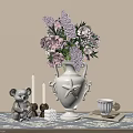 White Vase Purple Pink Flowers Koala Figurine Candles Decorative Ornament Set On Patterned Table Runner