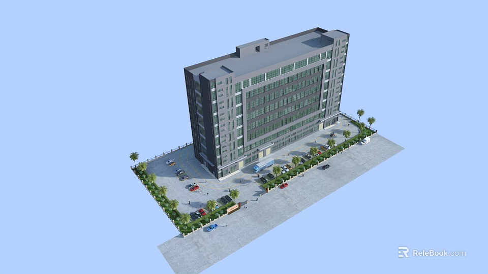Multi Storey Industrial Factory Building With Large Glass Windows Parking Area And Surrounding Landscaping 3d model 