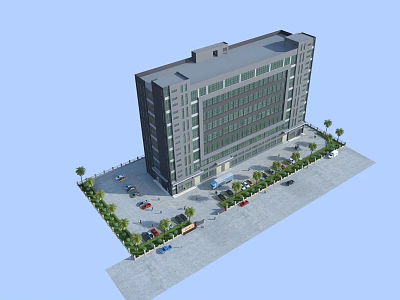Multi Storey Industrial Factory Building With Large Glass Windows Parking Area And Surrounding Landscaping 3d model