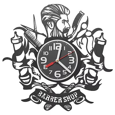 Vintage Barber Shop Clock With Barber Figure Scissors Comb And Shaving Brushes 3d model