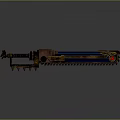 Mechanical Design Chainsaw Gun With Blue Gold Accents And Red Circular Metallic Component
