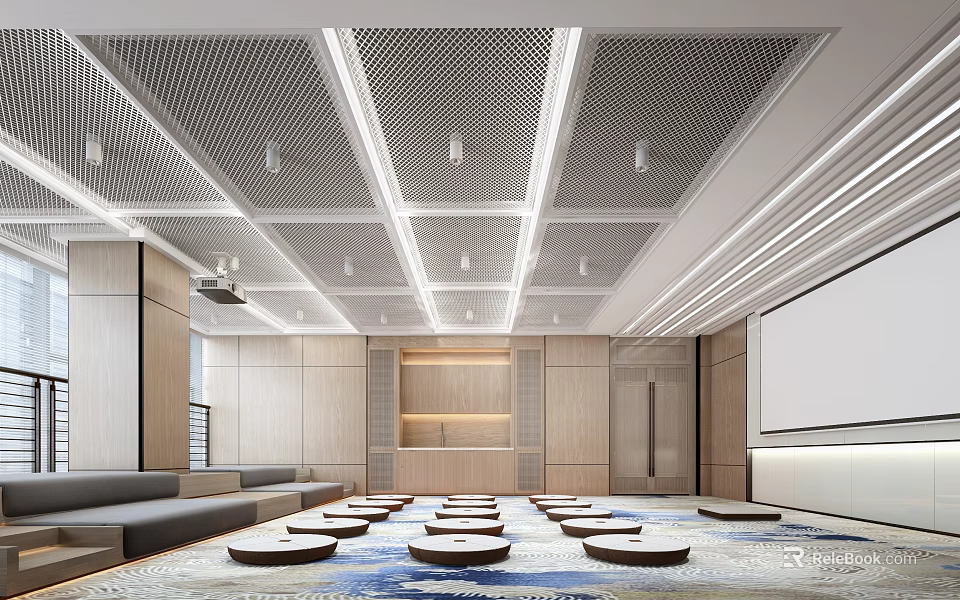 Modern Lounge Area With Wooden Walls Perforated Ceiling Round Cushions And Projection Screen 3d model 