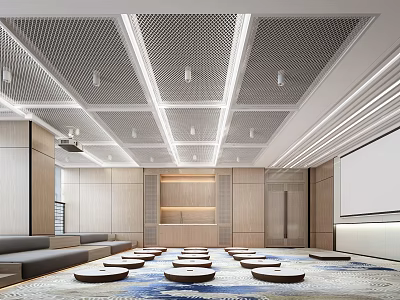 Modern Lounge Area With Wooden Walls Perforated Ceiling Round Cushions And Projection Screen 3d model