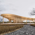Garden Landscape with Modern Wooden Structure Curved Roof Hanging Strips Stone Path and Trees