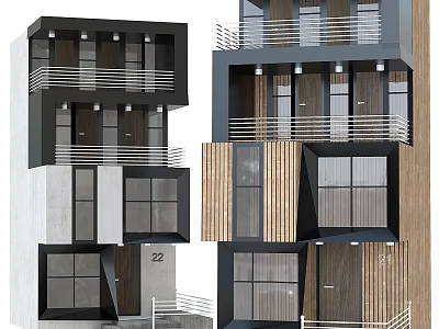 Modern Multi Storey Building Exterior With Balconies Wooden Panels And Windows 3d model
