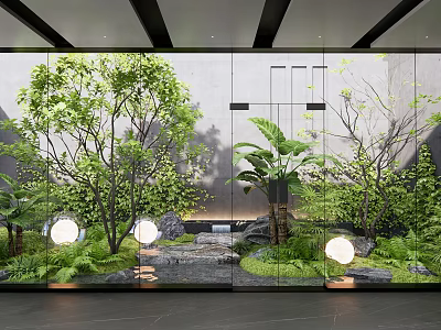 Modern Courtyard Garden Design With Lush Greenery Ambient Lighting And Stone Pathway 3d model