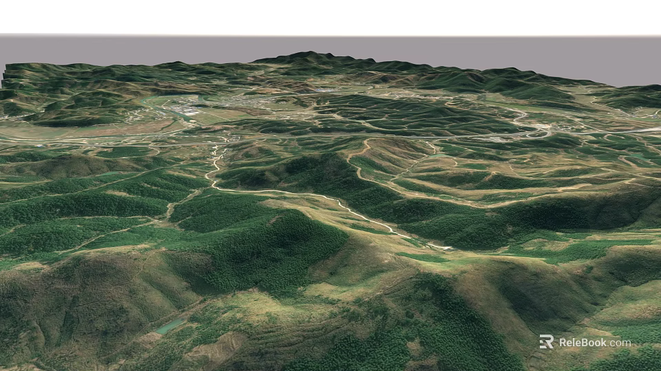 Aerial Planning of Mountainous Terrain With Rolling Hills Green Vegetation and Paths 3d model 