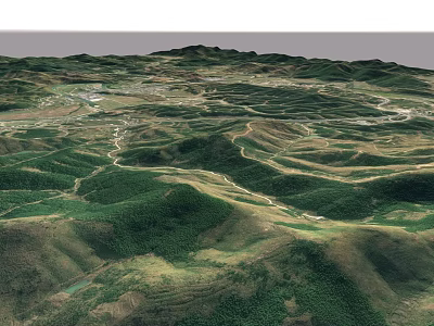 Aerial Planning of Mountainous Terrain With Rolling Hills Green Vegetation and Paths 3d model
