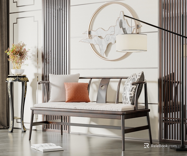 Modern Chinese Two Seater Sofa With Wooden Frame Gray Cushions And Floor Lamp 3d model 