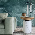 Modern Luxury Living Dining Room With Emerald Marble Wall Sofa And Hanging Pendant Lights