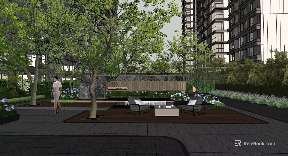 Urban Garden Landscape Design With Trees Benches and Green Plant Seating Area 3d model 