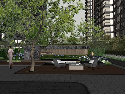Urban Garden Landscape Design With Trees Benches and Green Plant Seating Area 3d model