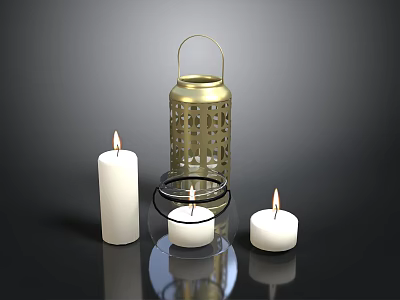 Stylish Home Decorative Gold Lantern With Lit White Candles On Black Tray 3d model