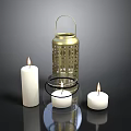 Stylish Home Decorative Gold Lantern With Lit White Candles On Black Tray