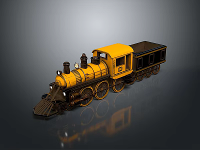 Yellow Steam Train Model With Black Cargo Car And Details On Gray Background 3d model