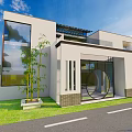 Modern Single Family House Exterior With Large Glass Windows And Greenery Courtyard