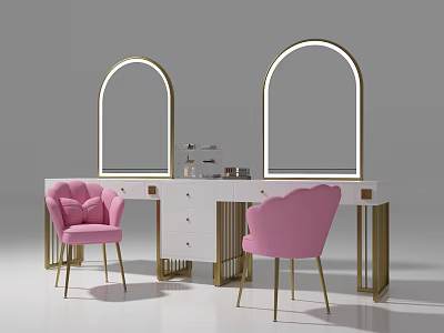 Modern Vanity with Double Arched Mirrors and Pink Velvet Chairs White Countertop Golden Frame 3d model